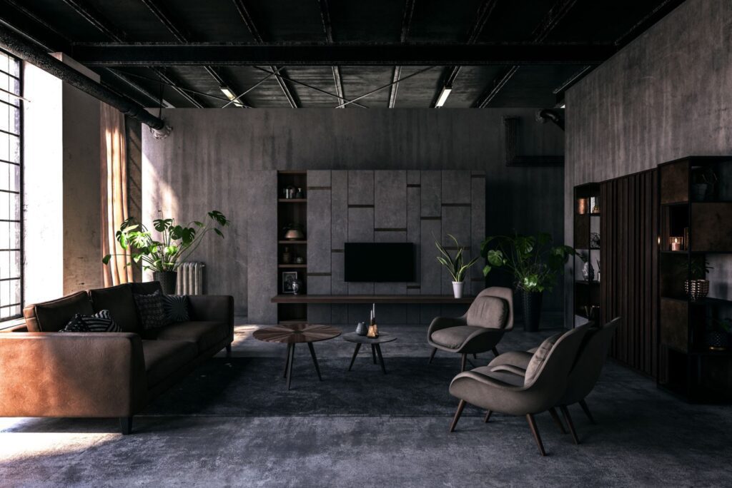 Dark themed living room